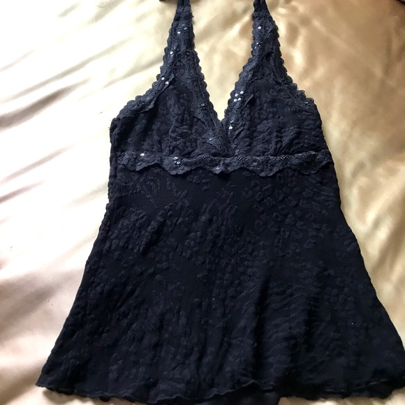 Rampage Black Lace Halter Top with Black Sequin Trim Detail Double Lined Large - Picture 1 of 15